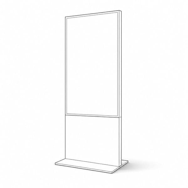 Illustration technique d'un totem d'affichage dynamique sur pied au format portrait, avec ombre légère et design épuré. Idéale pour présenter une borne d'affichage numérique professionnelle sur un site e-commerce ou un catalogue produit.