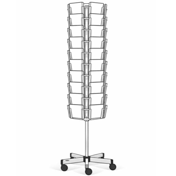 Image schématique d'un présentoir de cartes postales pivotant sur roulettes