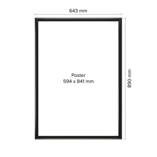 Cadre photo clic-clac format A1 en aluminium noir mat. Dimensions extérieures 643 mm x 890 mm pour poster 594 x 841 mm. Cadre fin et élégant avec système d’ouverture clic-clac ultra rapide pour changer l’affiche facilement.