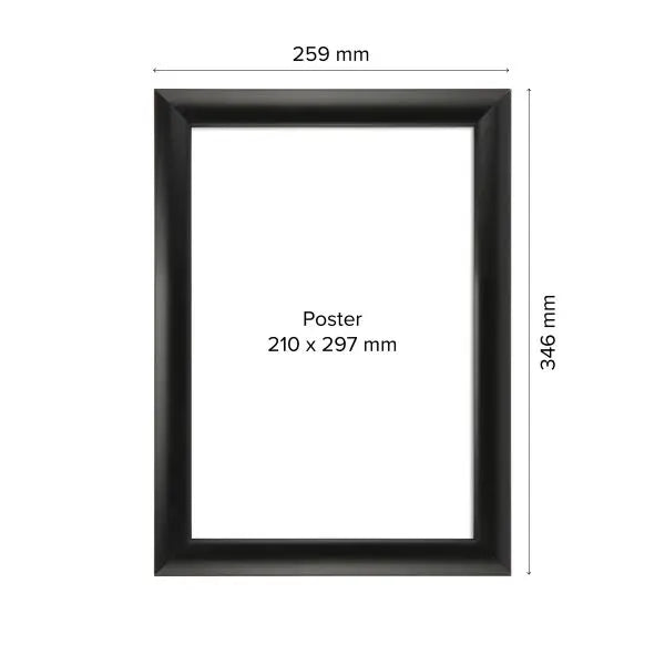 Cadre photo clic-clac format A4 en aluminium noir mat. Dimensions extérieures 259 mm x 346 mm pour poster 210 x 297 mm. Cadre fin et élégant avec système d’ouverture clic-clac ultra rapide pour changer l’affiche facilement.