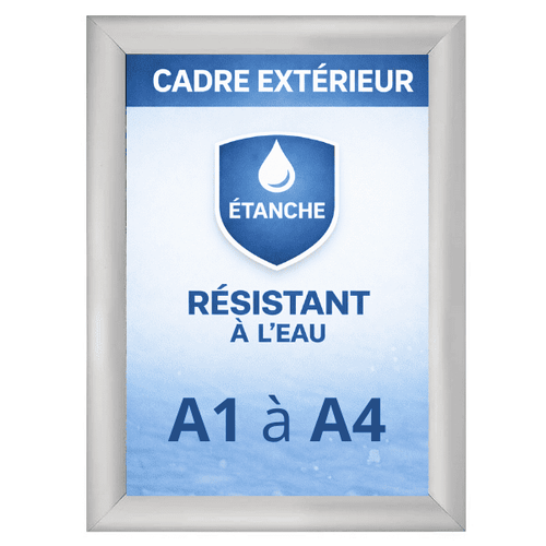 Cadre photo clic-clac étanche extérieur format A1 à A4 en aluminium argent. Modèle résistant à l’eau avec joint d’étanchéité, idéal pour usage extérieur, terrasse, jardin ou zones humides. Changement d’affiche rapide et facile.