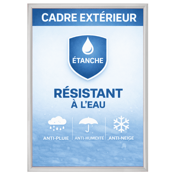 Cadre photo clic-clac étanche extérieur format A1 en aluminium argent. Modèle résistant à l’eau avec joint d’étanchéité, idéal pour usage extérieur, terrasse, jardin ou zones humides. Changement d’affiche rapide et facile.