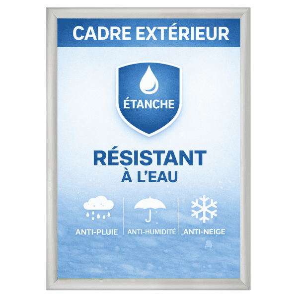 Cadre photo clic-clac étanche extérieur format A2 en aluminium argent. Modèle résistant à l’eau avec joint d’étanchéité, idéal pour usage extérieur, terrasse, jardin ou zones humides. Changement d’affiche rapide et facile.