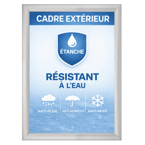 Cadre photo clic-clac étanche extérieur format A3 en aluminium argent. Modèle résistant à l’eau avec joint d’étanchéité, idéal pour usage extérieur, terrasse, jardin ou zones humides. Changement d’affiche rapide et facile.