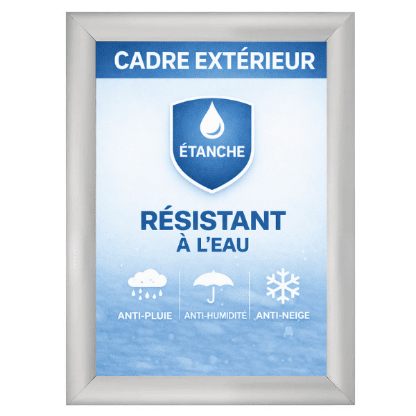 Cadre photo clic-clac étanche extérieur format A4 en aluminium argent. Modèle résistant à l’eau avec joint d’étanchéité, idéal pour usage extérieur, terrasse, jardin ou zones humides. Changement d’affiche rapide et facile.