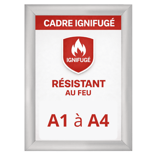 Cadre photo clic-clac ignifugé format A1 à A4 en aluminium argent. Modèle résistant au feu avec certification ignifugée, idéal pour usage en ERP, bureaux, hôpitaux ou espaces à risque incendie. Ouverture frontale rapide et système de fixation sécurisé.