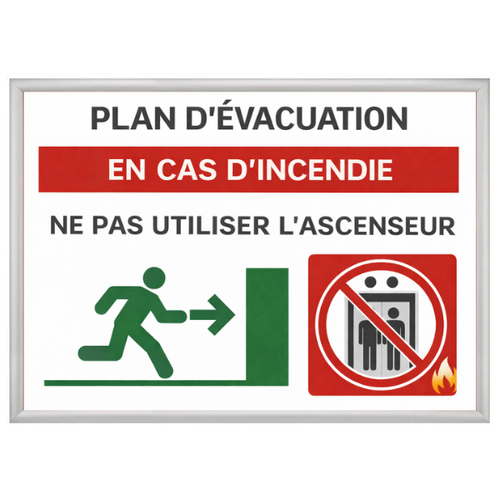 Cadre photo clic-clac ignifugé en aluminium argent format A1 à A4 affichant un plan d’évacuation en cas d’incendie. Texte « PLAN D’ÉVACUATION – EN CAS D’INCENDIE – NE PAS UTILISER L’ASCENSEUR » avec pictogrammes sortie de secours et ascenseur interdit. Certification anti-feu idéale pour ERP, bureaux et lieux publics. Ouverture frontale rapide.