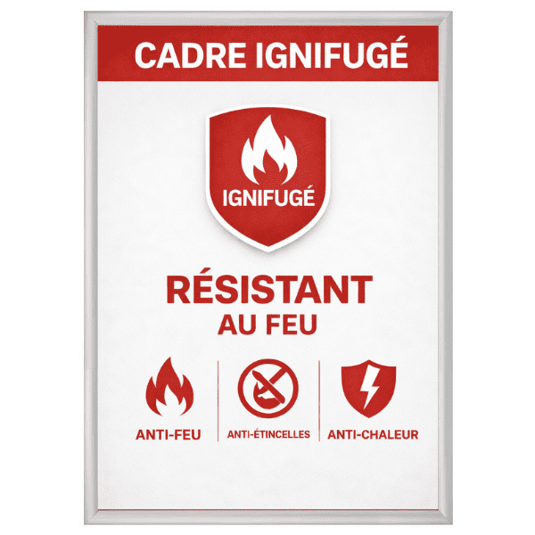 Cadre photo clic-clac ignifugé format A1 en aluminium argent. Modèle résistant au feu avec certification ignifugée, idéal pour usage en ERP, bureaux, hôpitaux ou espaces à risque incendie. Ouverture frontale rapide et système de fixation sécurisé.