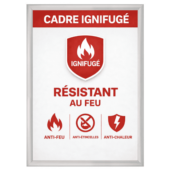 Cadre photo clic-clac ignifugé format A2 en aluminium argent. Modèle résistant au feu avec certification ignifugée, idéal pour usage en ERP, bureaux, hôpitaux ou espaces à risque incendie. Ouverture frontale rapide et système de fixation sécurisé.