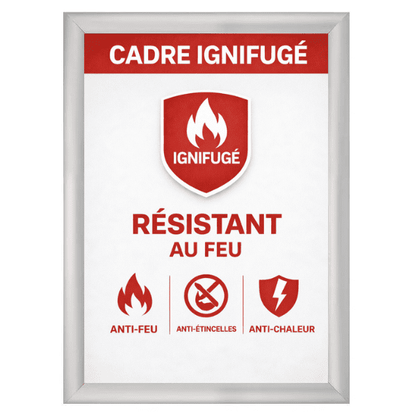 Cadre photo clic-clac ignifugé format A3 en aluminium argent. Modèle résistant au feu avec certification ignifugée, idéal pour usage en ERP, bureaux, hôpitaux ou espaces à risque incendie. Ouverture frontale rapide et système de fixation sécurisé.