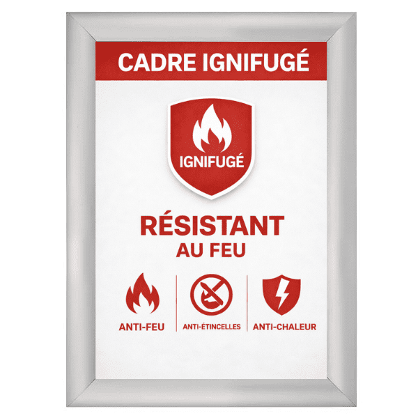 Cadre photo clic-clac ignifugé format A4 en aluminium argent. Modèle résistant au feu avec certification ignifugée, idéal pour usage en ERP, bureaux, hôpitaux ou espaces à risque incendie. Ouverture frontale rapide et système de fixation sécurisé.