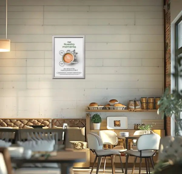 Cadre clic-clac en aluminium argenté avec affiche publicitaire installé dans un café