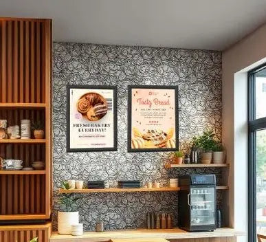 Cadres clic-clac A3 noirs en aluminium avec affiches décoratives installés sur un mur intérieur