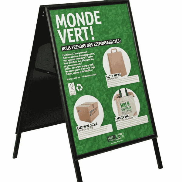 Chevalet stop trottoir A1 en aluminium noir pour affichage publicitaire intérieur et extérieur