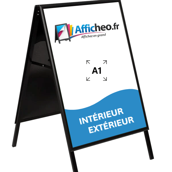 Chevalet stop trottoir A1 en aluminium noir pour affichage publicitaire intérieur et extérieur