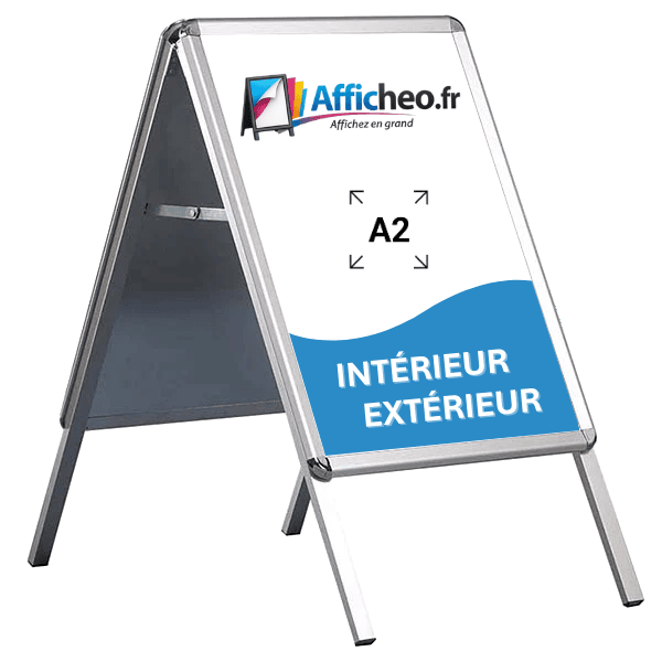 Chevalet stop trottoir A2 en aluminium avec coins ronds pour affichage publicitaire intérieur et extérieur