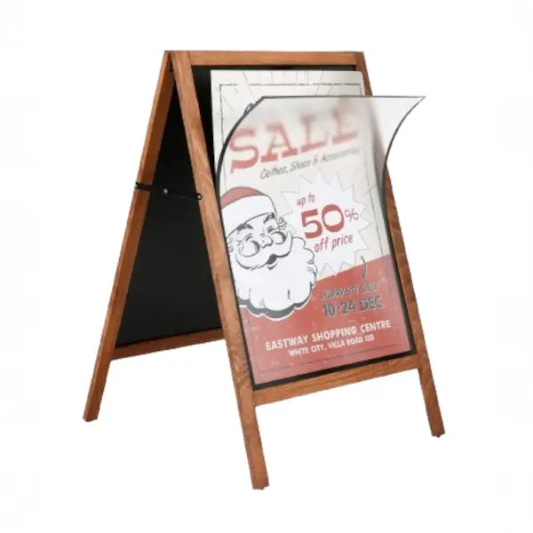 Chevalet stop trottoir ardoise en bois avec protection transparente pour affiche