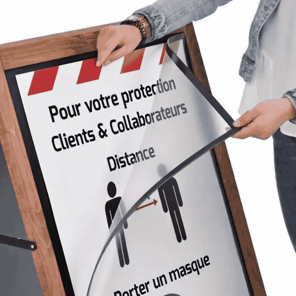 Chevalet stop trottoir ardoise en bois avec protection transparente magnetique pour affiche