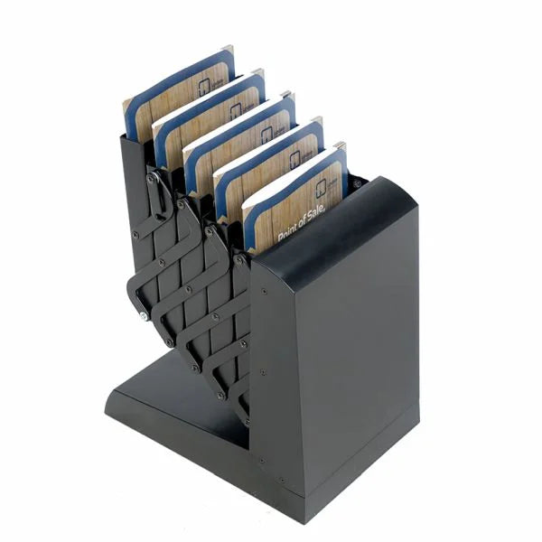 Détail du mécanisme pliable du porte-brochures A4 noir avec compartiments pour présentation de prospectus