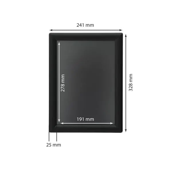 Schéma dimensions cadre clic-clac A4 noir en aluminium avec profil 25 mm