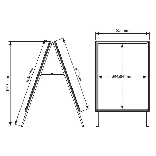 Schéma dimensions chevalet stop trottoir A1 en aluminium pour affichage publicitaire