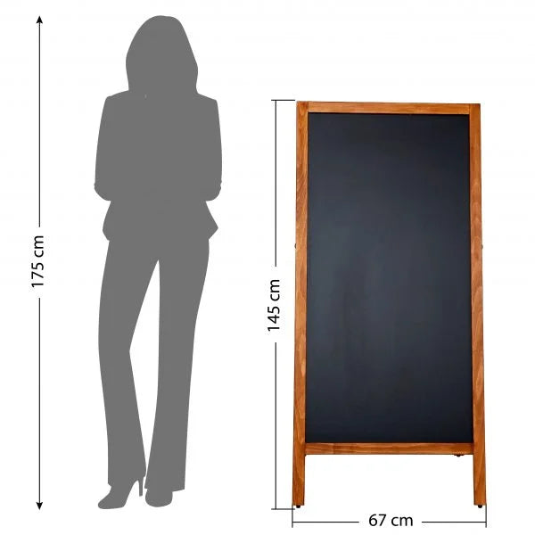 Dimensions chevalet stop trottoir ardoise en bois avec comparaison taille personne