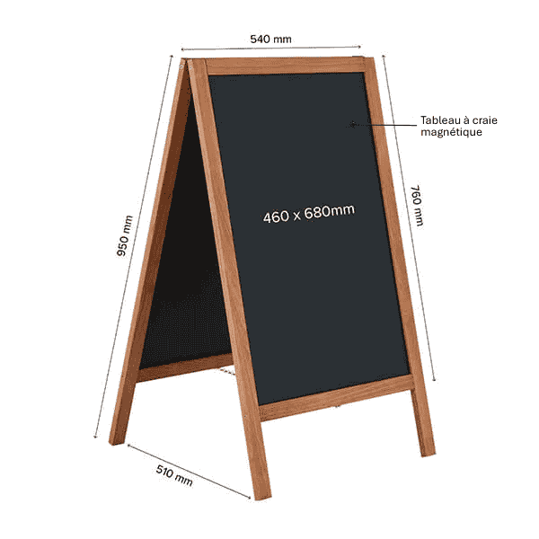 Dimensions chevalet stop trottoir ardoise magnétique en bois pour affichage menu