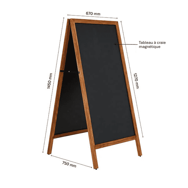 Dimensions chevalet stop trottoir ardoise magnétique en bois pour affichage menu