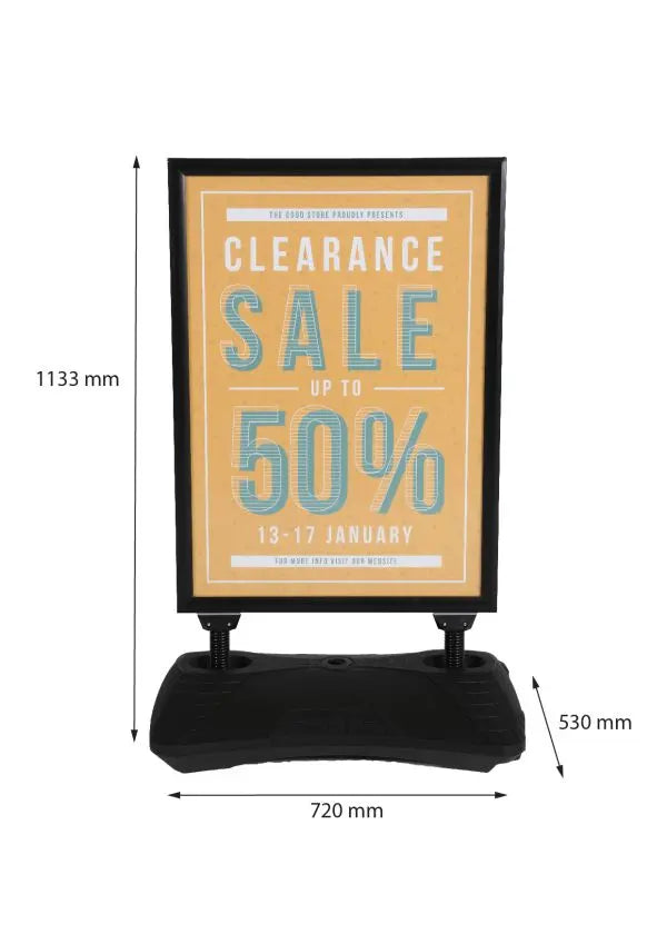 Dimensions panneau stop trottoir avec socle lestable noir pour affichage publicitaire