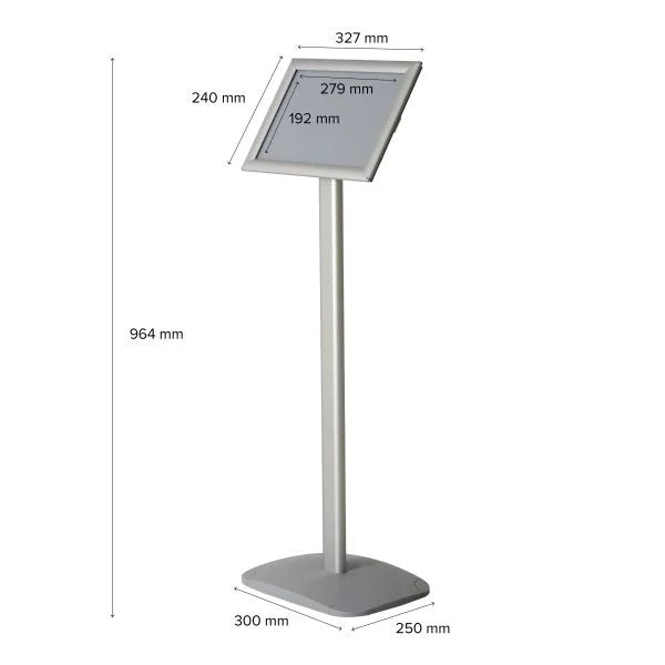 Schéma dimensions porte affiche aluminium noir sur pied avec cadre clic-clac A4 orientable