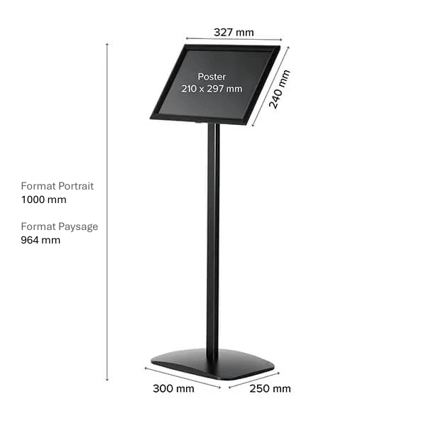 Schéma dimensions porte affiche aluminium noir sur pied avec cadre clic-clac A4 orientable