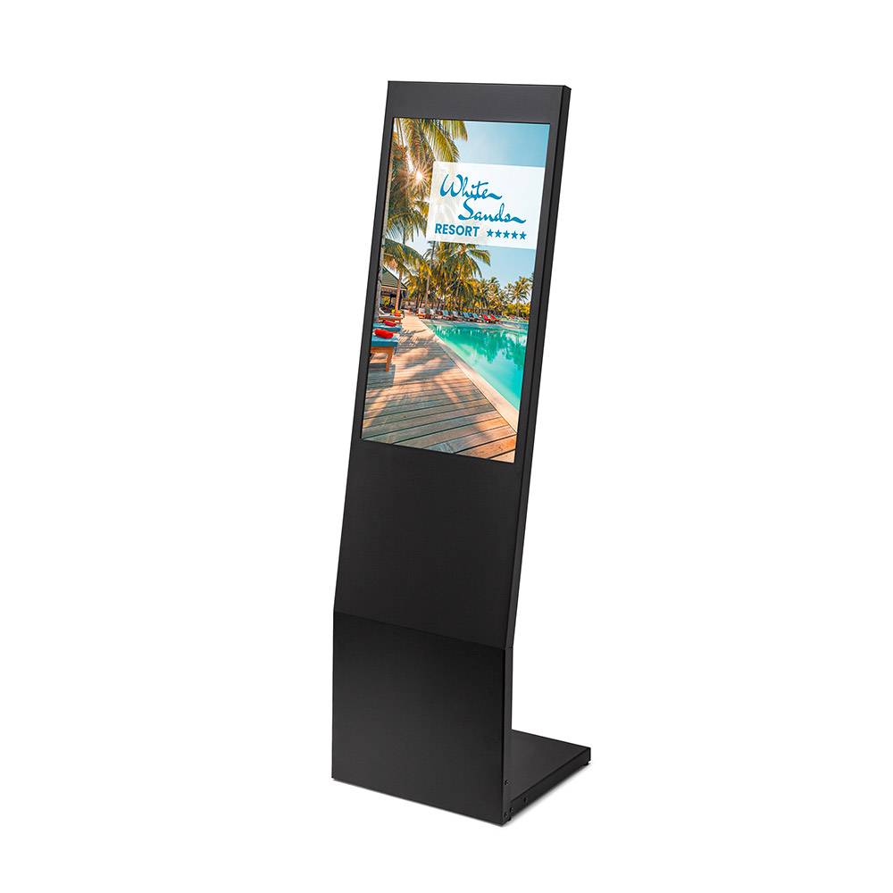 Écran numérique sur pied en L 32 pouces avec écran Samsung affichant une publicité d'hôtel, vue trois quarts