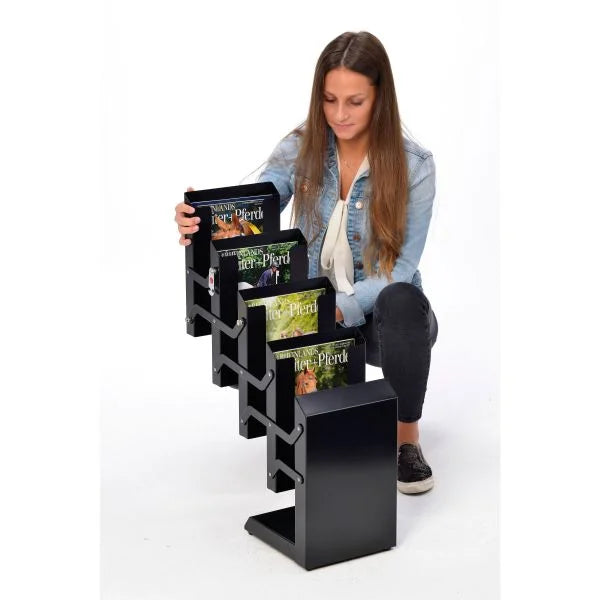 Installation du porte-brochures pliable noir A4 avec plusieurs compartiments pour présentation de prospectus