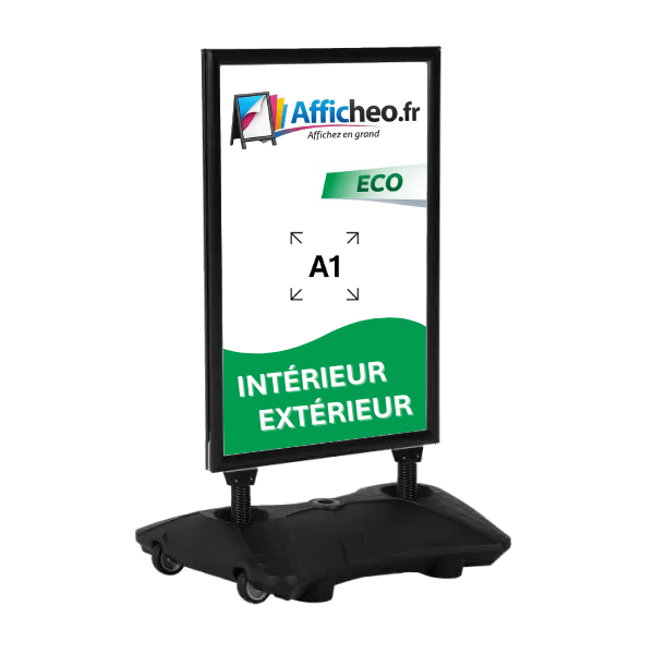 Panneau stop trottoir aluminium noir A1 avec socle lestable et roulettes pour affichage extérieur résistant au vent et intempérie
