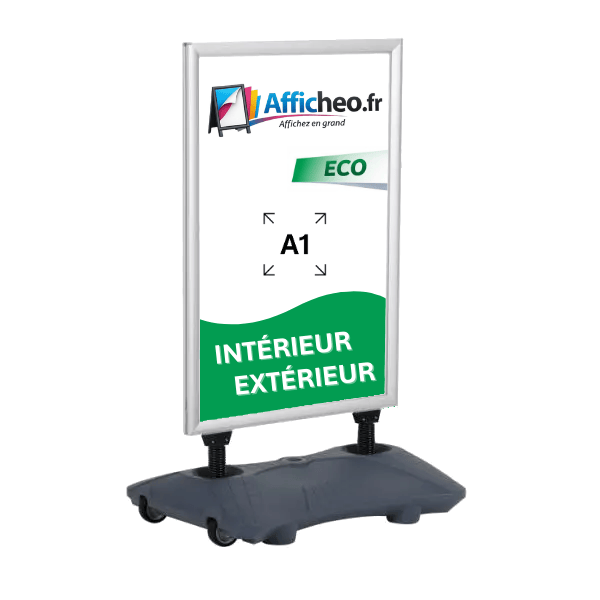Panneau stop trottoir aluminium A1 avec socle lestable et roulettes pour affichage extérieur résistant au vent et intempérie