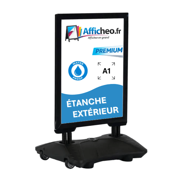 Panneau stop trottoir A1 Ã©tanche en aluminium noir socle lestable avec quatre ressorts pour affichage extÃ©rieur resistant vent et pluie"