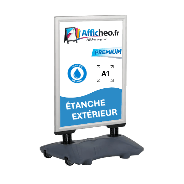 Panneau stop trottoir A1 étanche en aluminium socle lestable et quatre ressorts pour affichage extérieur
resistant vent et pluie
