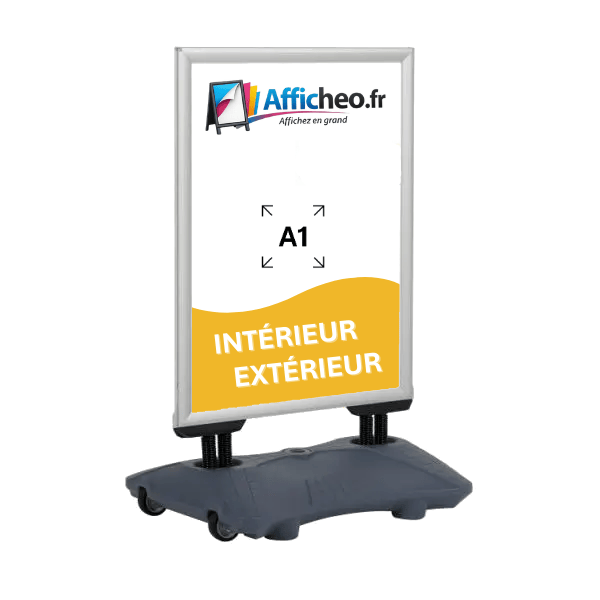 Panneau stop trottoir aluminium argent A1 avec socle lestable et roulettes pour affichage extérieur
résistant au vent et intempérie