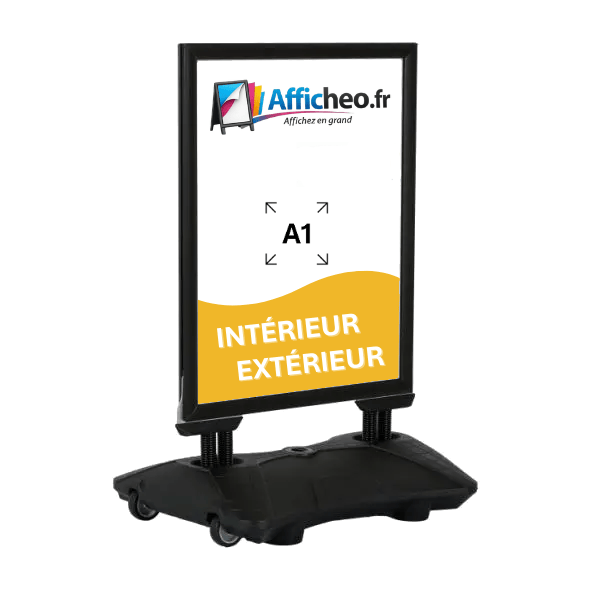 Panneau stop trottoir aluminium noir A1 avec socle lestable et roulettes pour affichage extérieur
résistant au vent et intempérie