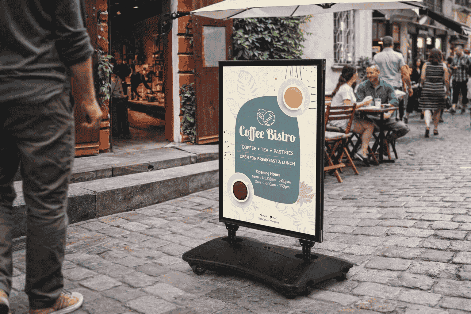 Panneau stop trottoir aluminium noir avec socle lestable installé devant un café