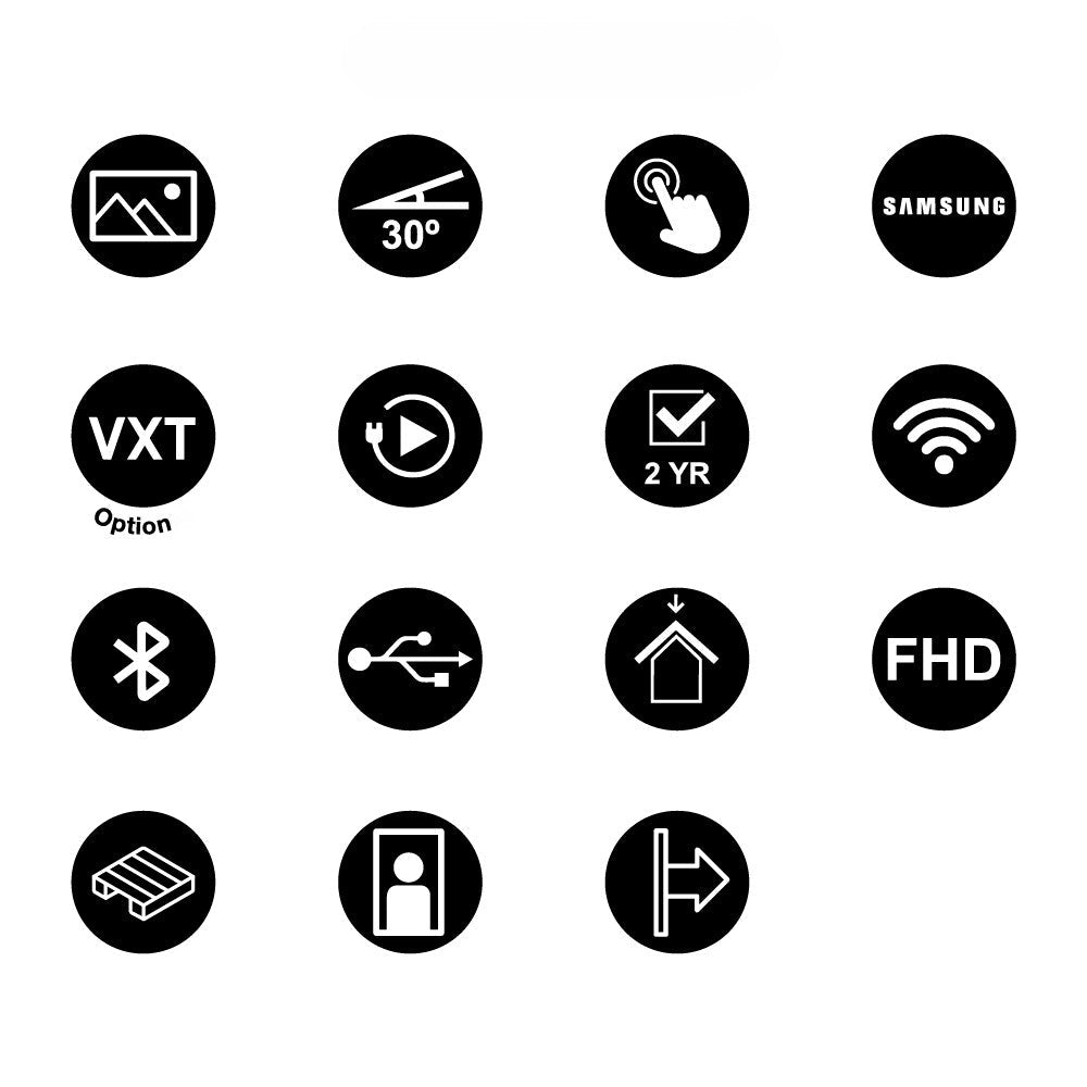 Pictogrammes des caractéristiques de la borne tactile 32 pouces : écran Samsung, tactile, inclinaison 30 degrés, Wi-Fi, USB, garantie 2 ans