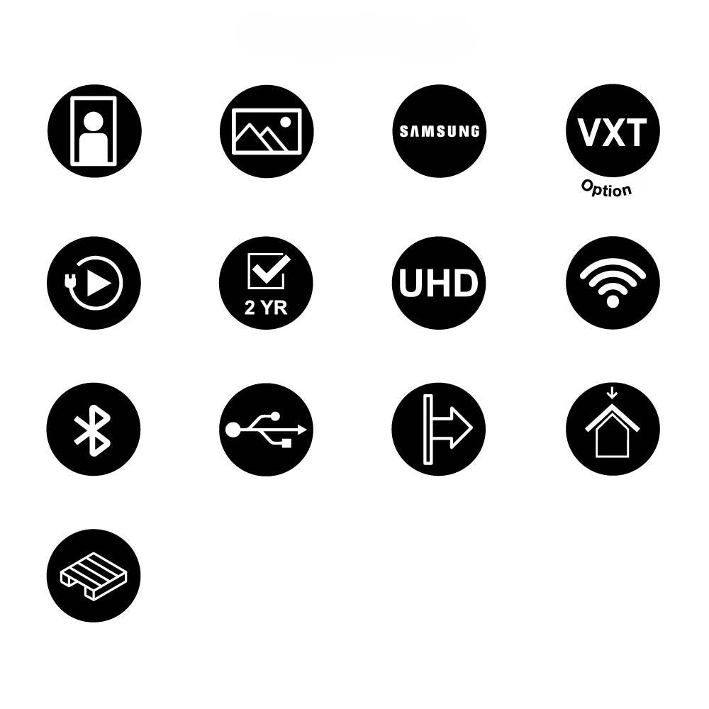 Pictogrammes des caractéristiques du panneau digital mural : écran Samsung UHD, portrait, Wi-Fi, USB, montage mural ou suspendu, garantie 2 ans
