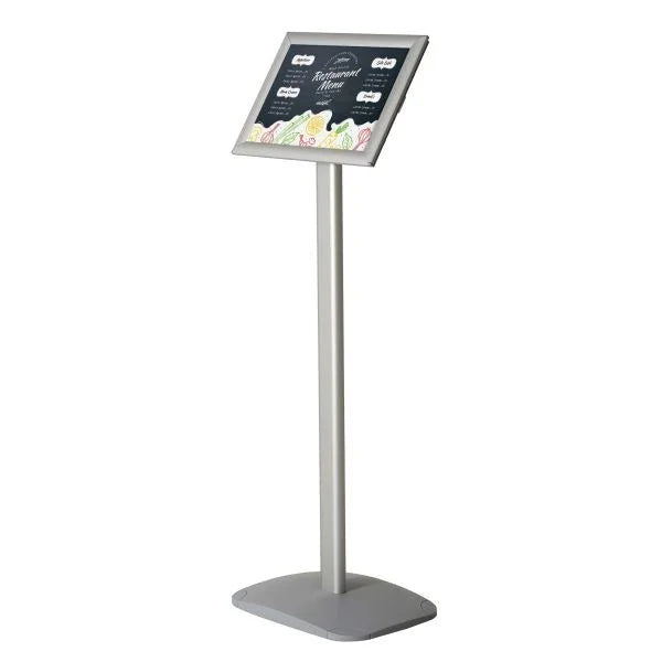 Porte affiche A4 en aluminium sur pied avec cadre clic-clac incliné pour affichage publicitaire vertical ou horizontal