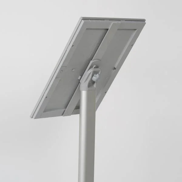 Vue arrière, Porte affiche aluminium A4 sur pied avec cadre inclinable pour affichage publicitaire intérieur