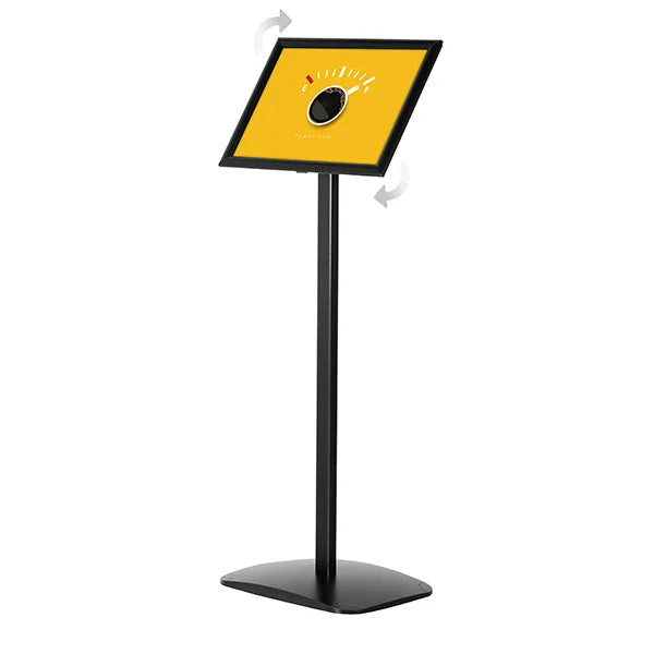 Porte affiche A3 en aluminium noir sur pied avec cadre clic-clac incliné, pour affichage publicitaire vertical ou horizontal