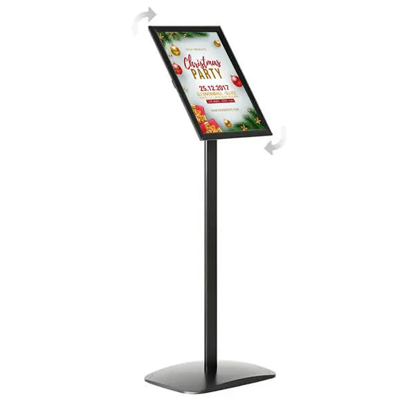 Porte affiche A4 en aluminium noir sur pied avec cadre clic-clac incliné, pour affichage publicitaire vertical ou horizontal