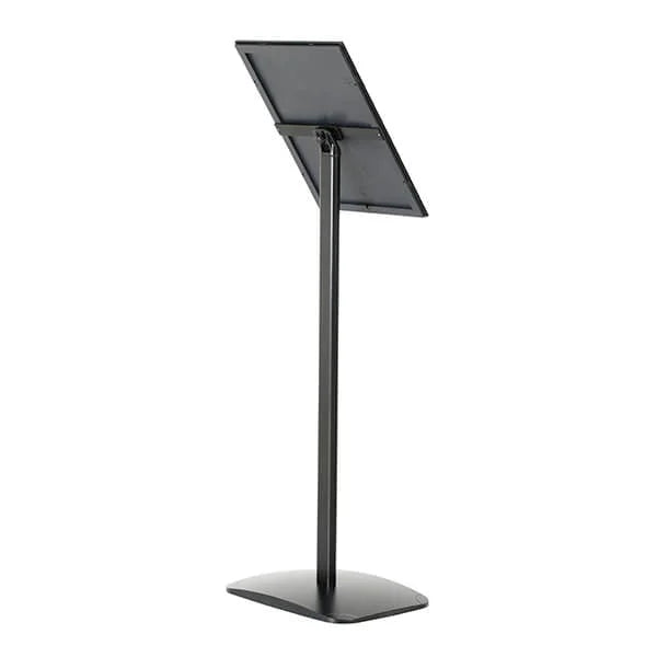 Vue arrière, Porte affiche A4 aluminium noir sur pied avec cadre inclinable pour affichage publicitaire intérieur