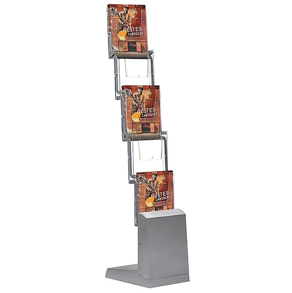 Porte-brochures pliable A4 en aluminium sur pied avec compartiments inclinés pour présentation de prospectus et magazines