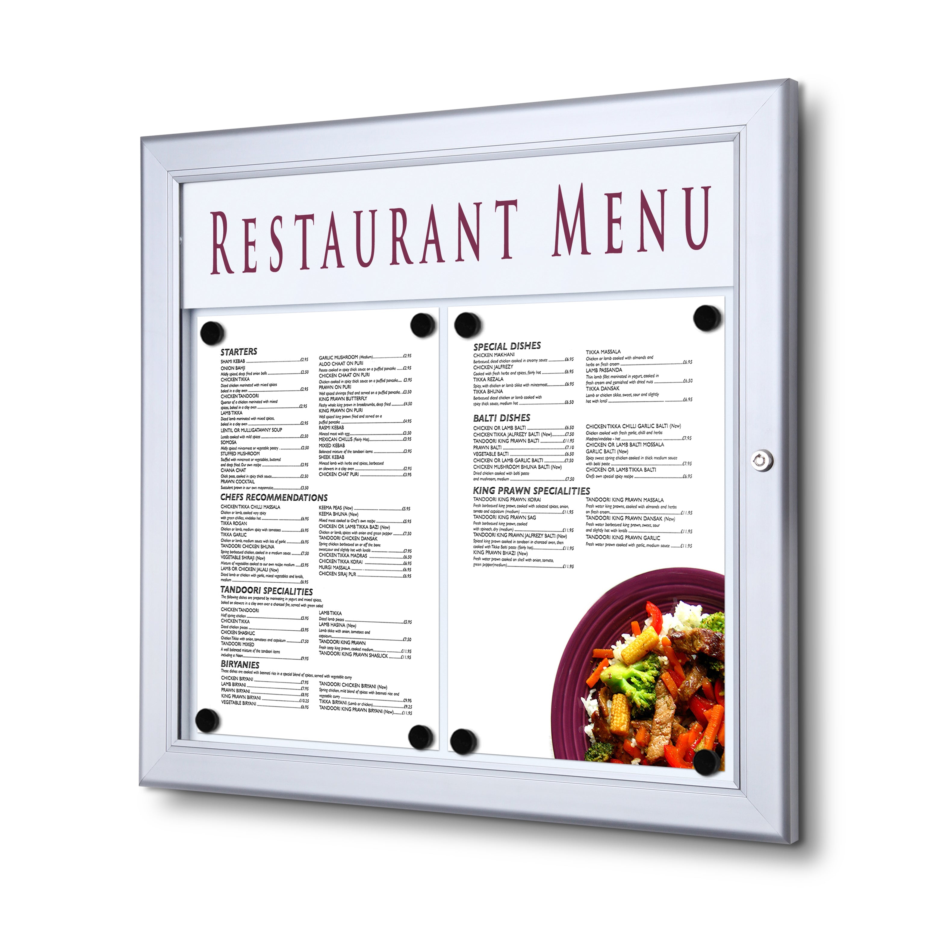 Porte menu extérieur avec logo 2× A4 argent, affichage du menu