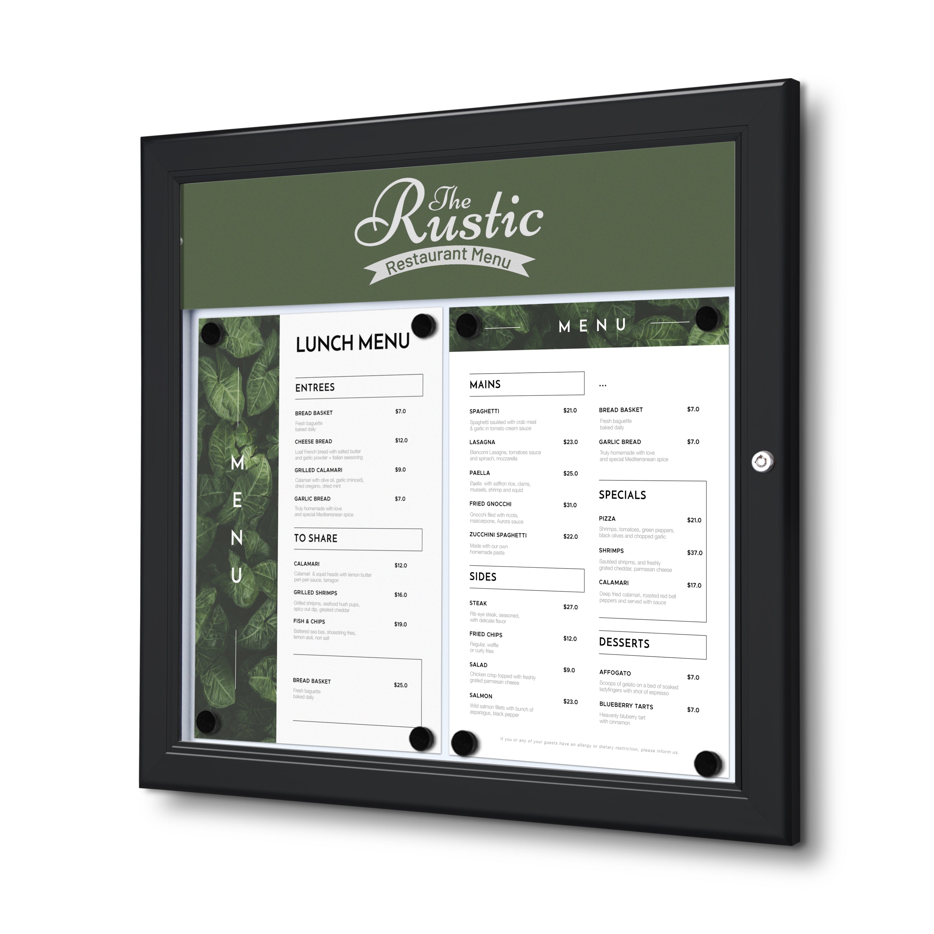 Porte menu extérieur avec logo 2× A4 noir, affichage du menu